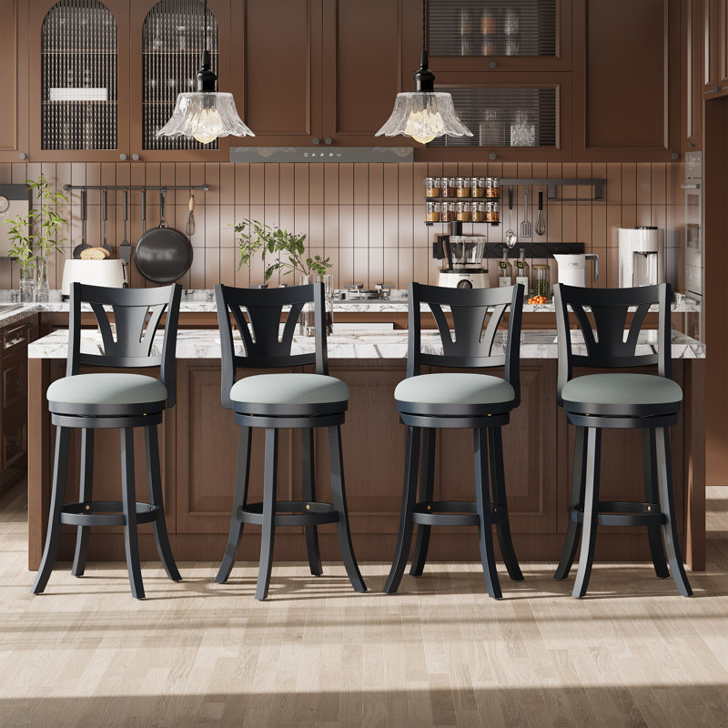 Upholstered Swivel Bar Stools with Curved Backrest & Solid Rubber Wood Legs, Bar Stool (31" Seat Height)