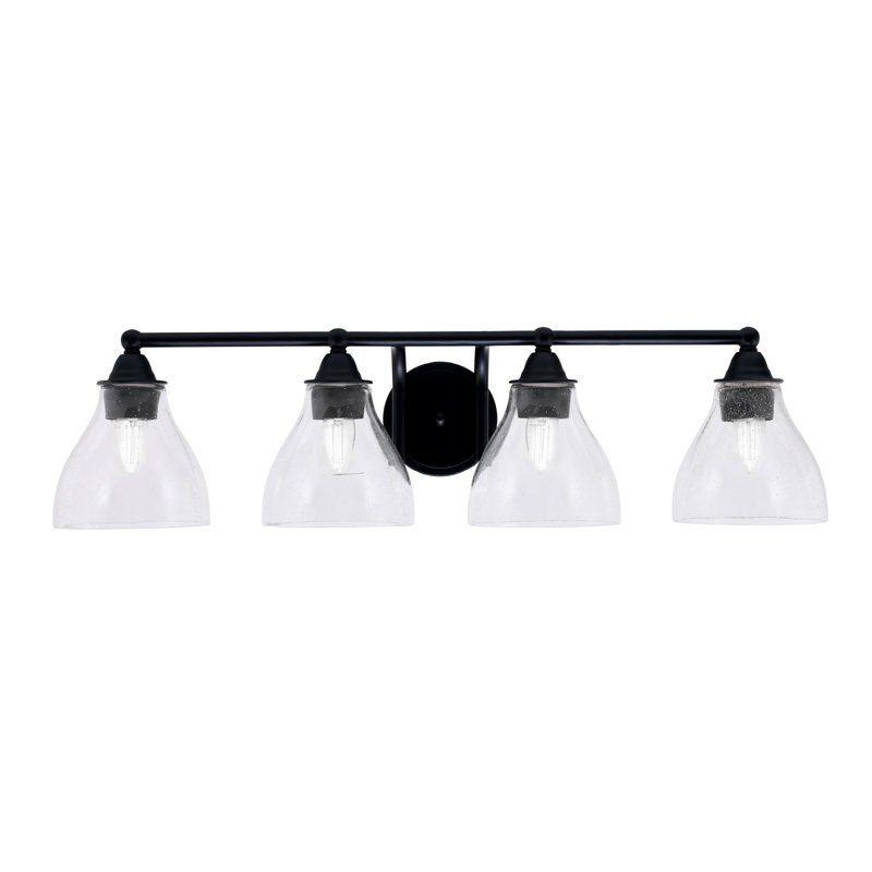 Barre d'éclairage de salle de bain 4 lumières Paramount avec fini noir mat et verre transparent 6,25 po