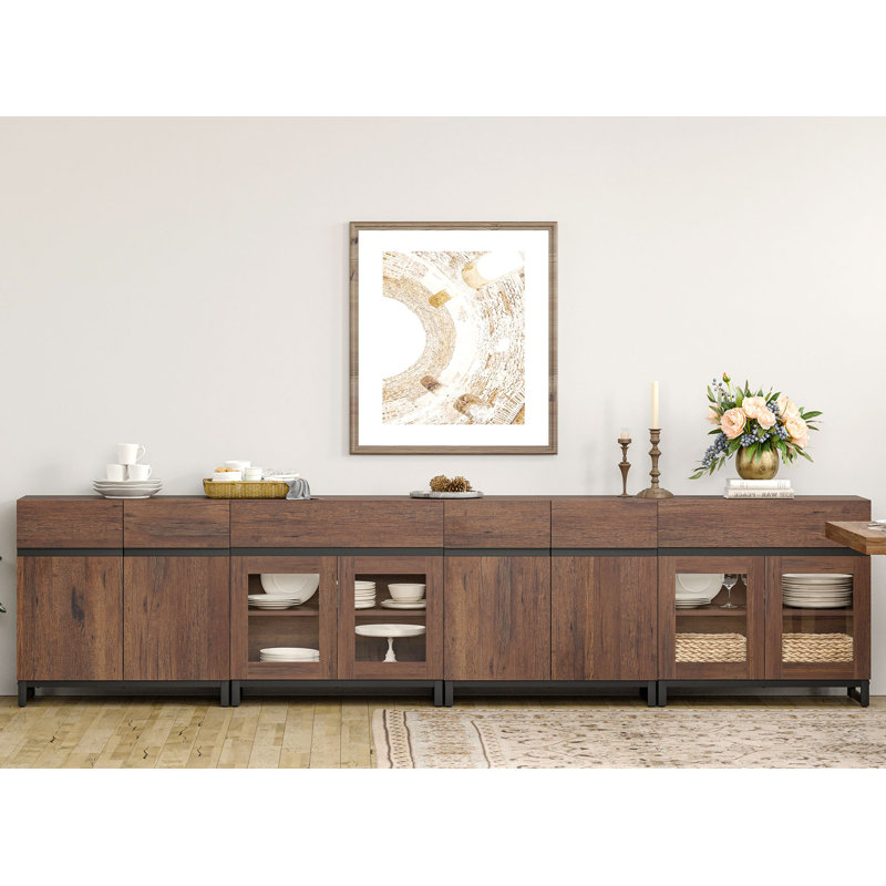 4 In 1 Sideboard Buffet Cabinets With Glass Doors And 2 Drawers, Modern Sideboard Credenza With Adjustable Shelf And Metal Base, Coffee Bar Cabinet Storage Cabinet For Kitchen