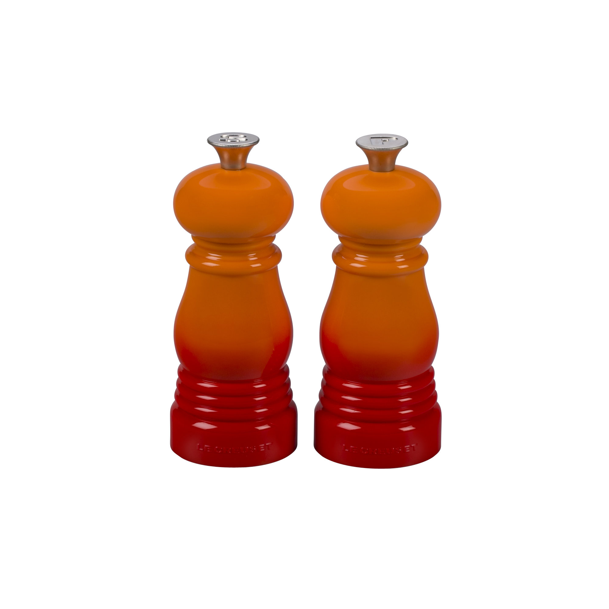 Le Creuset Set of 2 Salt and Pepper Mills, Flame, 4.3" H x 2.9" W x 2.9" D
