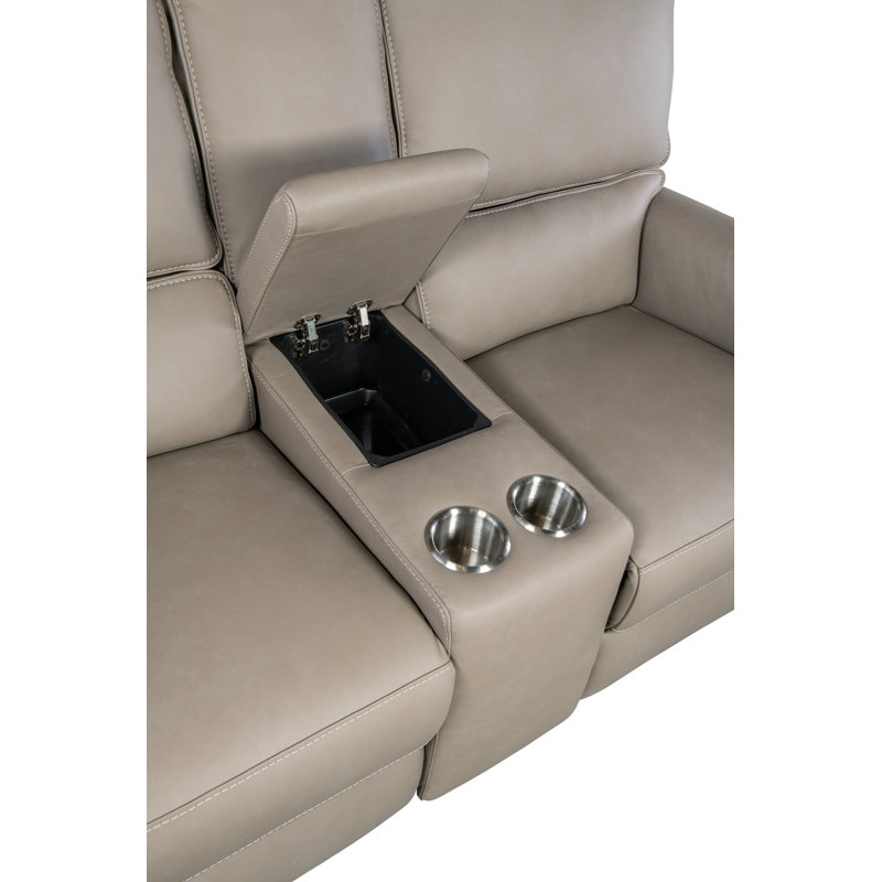 Somers Dark Taupe Leather Reclining Loveseat with Storage and Cup Holder