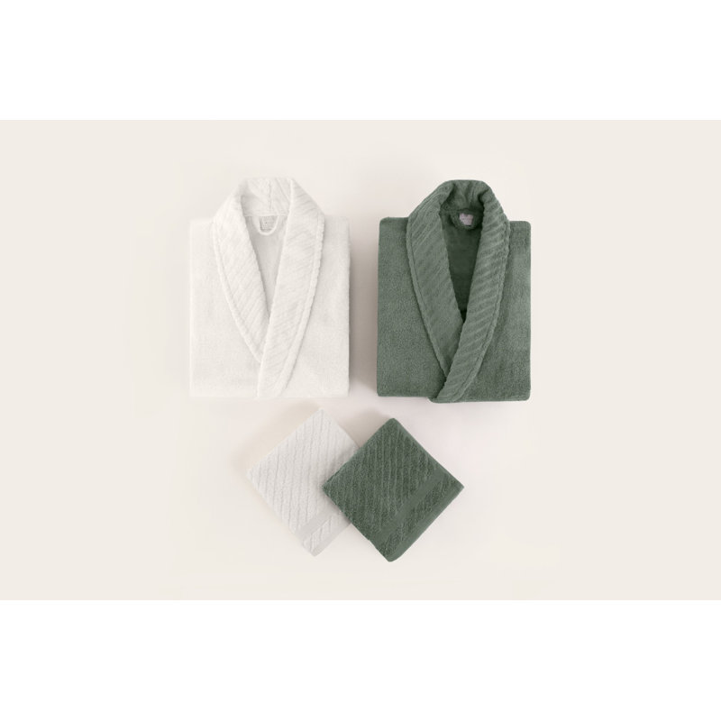 Ensemble de peignoir luxueux (4 pièces), 100% coton, robes de taille standard et serviettes 20 po x 36 po | Doux 12,3 oz./sq. m Tissu | Lavable à la machine, séchage à basse température, vert et blanc | Parfait pour les jours de détente et de spa