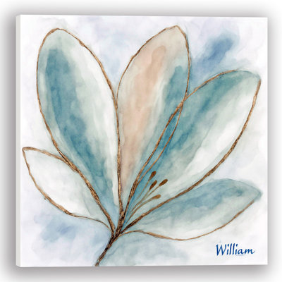 «Blue Petal Grace», art mural aquarelle sur toile avec détails dorés
