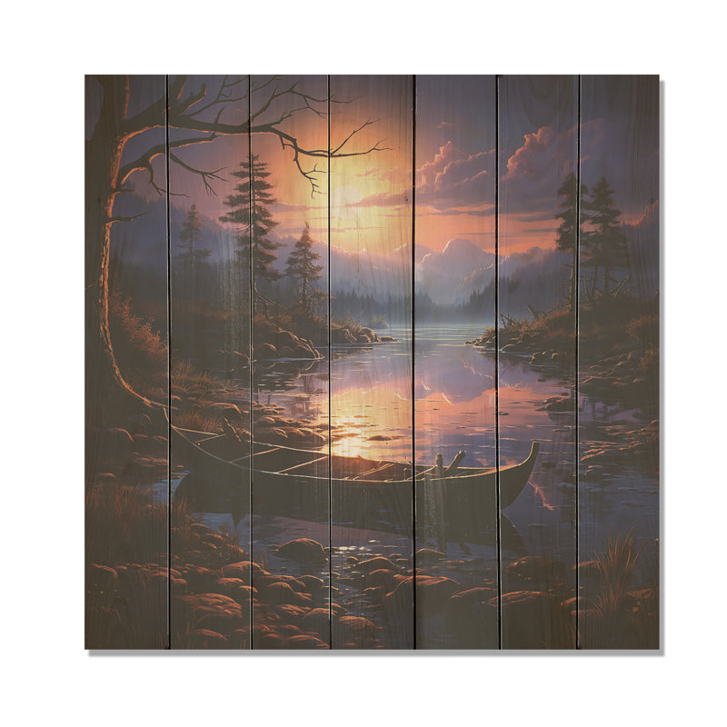 Impression de pêche mauve et orange au clair de lune - Bateau de pêche sur bois, H 36 po x l 36 po