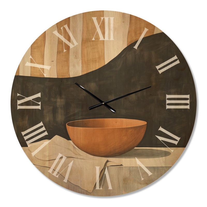 Horloge murale de cuisine brune « Warm Bowl And Linen », imprimée sur bois, Très grand