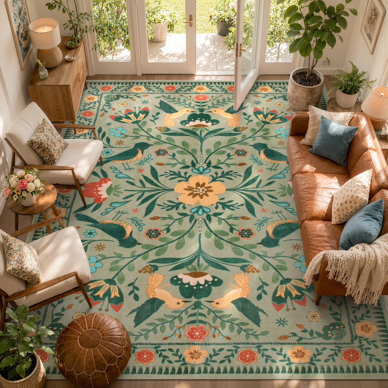  Tapis à motif floral lavable Goldene Boho, Rectangle 9 pi x 12 pi