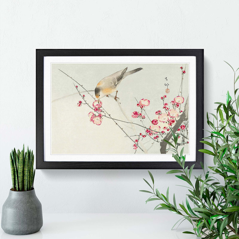 Songbird on a Blossom Branch by Ohara Koson - Picture Frame Painting Print, Black Framed, 36cm H x 48cm W x 2cm D