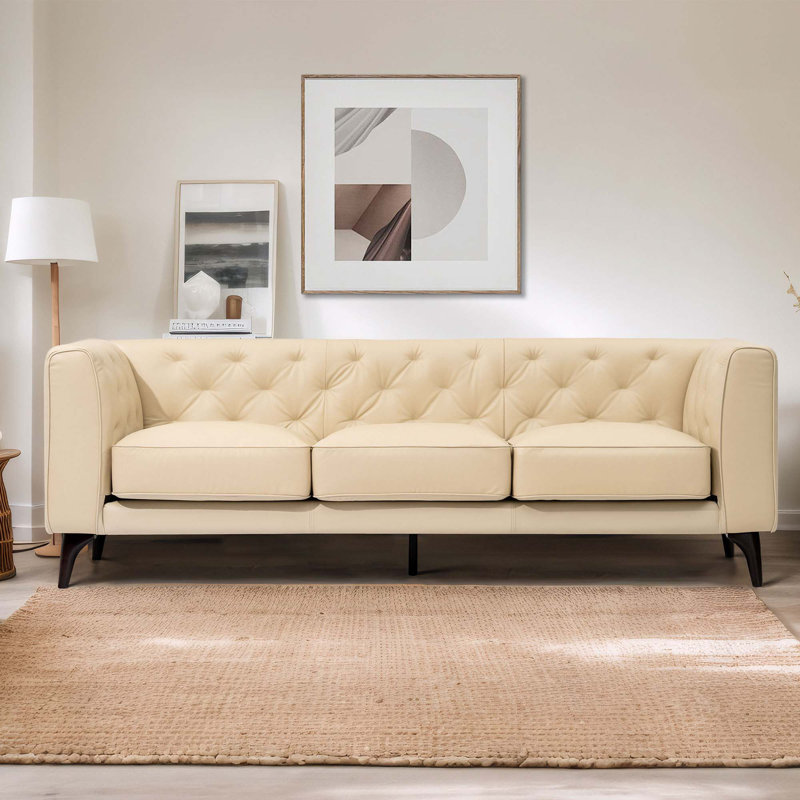 92.52 Inch Genuine Leather Couch 3-Seater Sofa with Tufted Back,Grain Leather Couch with Feather, Beige