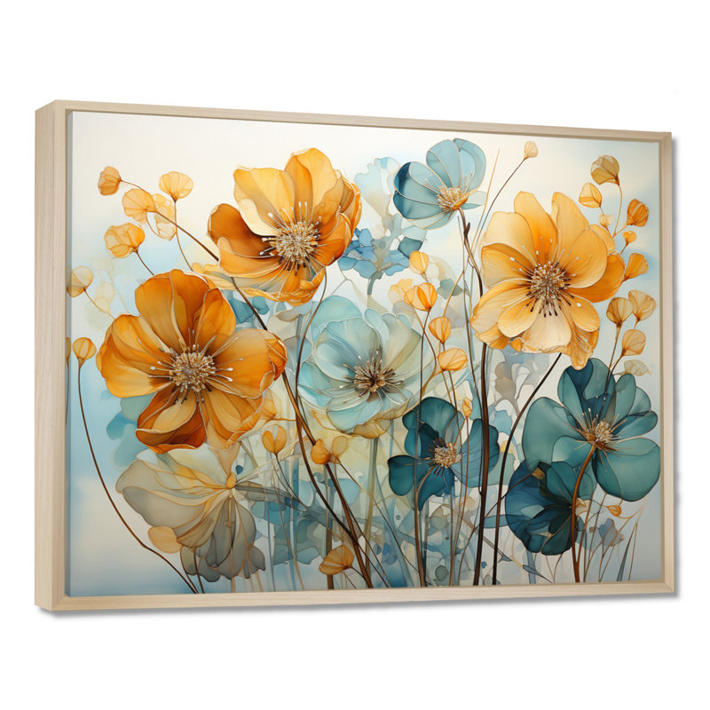 «Teal Orange Botanical Fragments I - Abstract Botanicals», art encadré, H 30 po x l 40 po x P 1,5 po, Cadre flottant érable