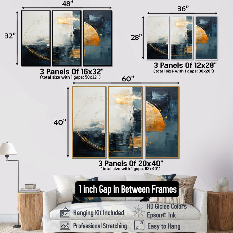 Turquoise doré blanc demi-lune - ensemble de décorations murales minimalisme, Cadre flottant doré, H 40 po x l 60 po x P 1 po