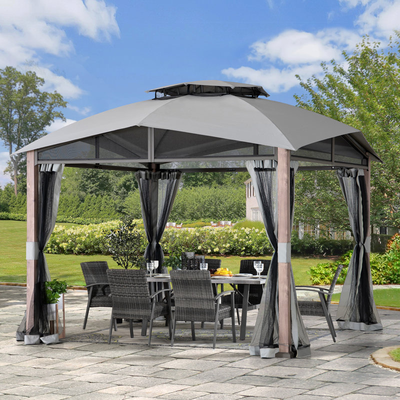 Sunjoy 12 x 12 ft. Gazebo with 2-Tier Canopy Roof, Outdoor Backyard Steel Frame Soft Top Gazebo with Ceiling Hook and Mesh Netting