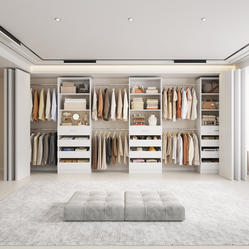 74" To 116" Width Adjustable Closet Organizer With 4 Drawers & 4 adjustable Rods, White