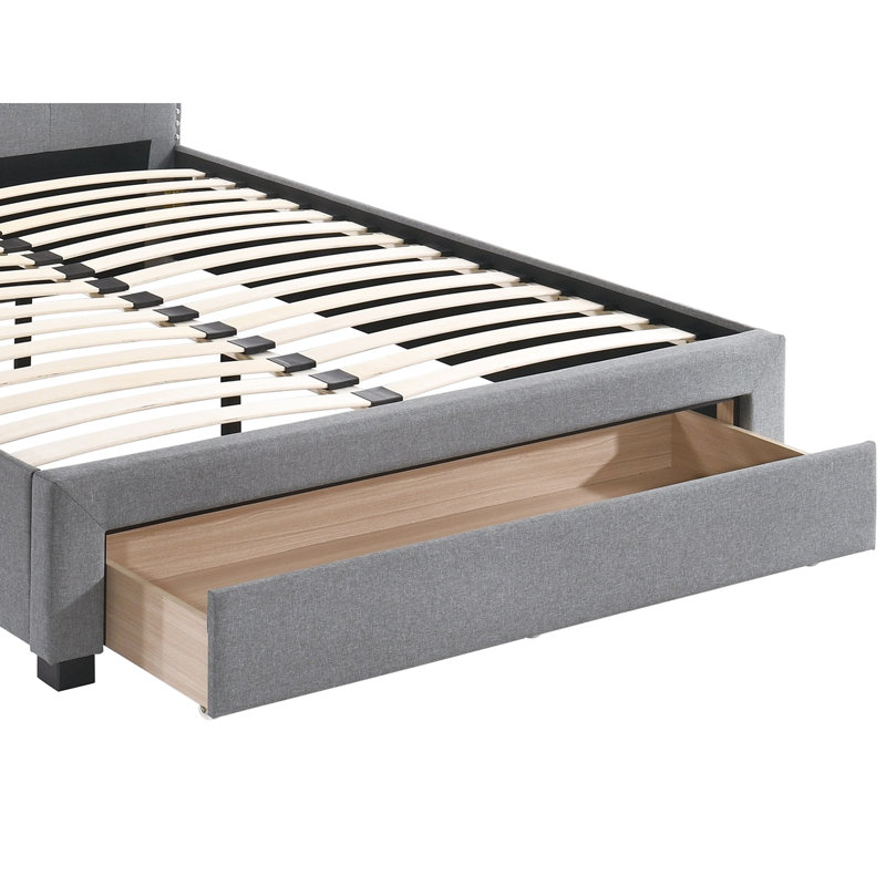 Lit simple en tissu de jute gris avec tête de lit et rangement - Tiroir tapissier de taille essentielle pour chambre