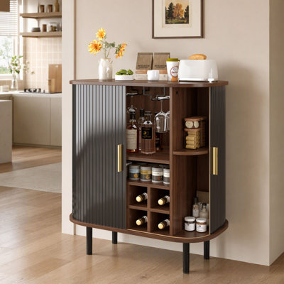 28.4"W Fluted Bar Cabinet with Sliding Tambour Doors, 8-Grid Wine Rack, 5-Level Adjustable Shelves, 2 Glass Holders, Large Storage Space