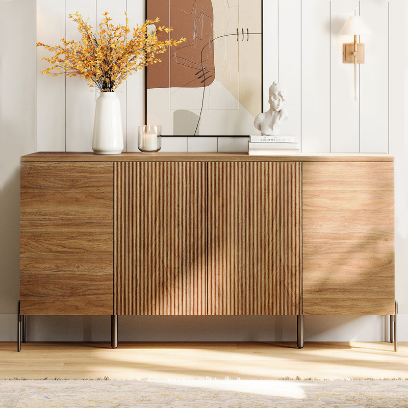 61.6"Wide Wood File Cabinet With Shelves, Minimalist Reeded Design, Modern Farmhouse Office Storage Cabinet For Study Room, Living Room