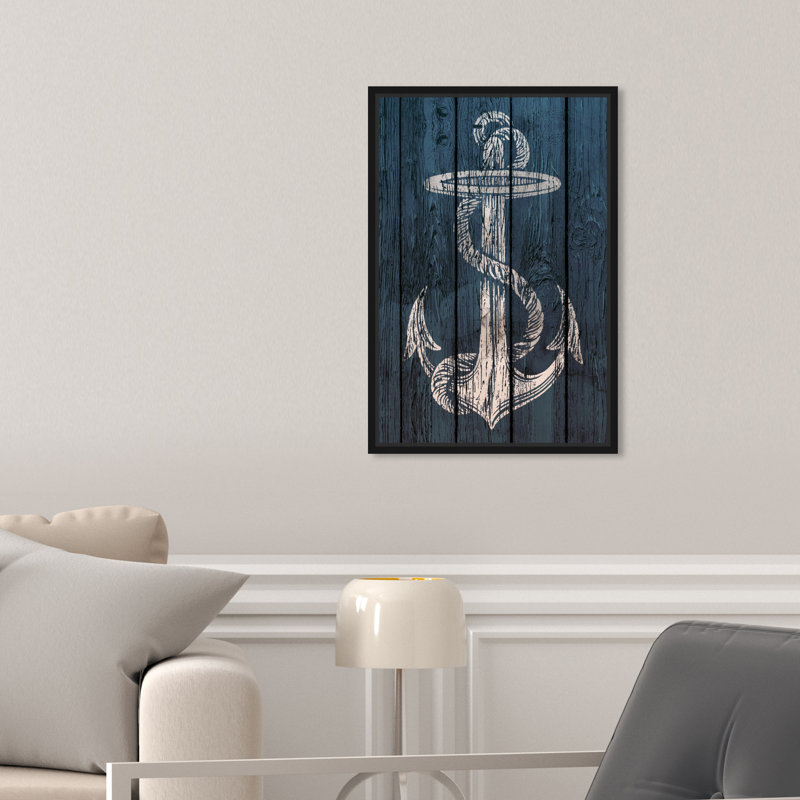 Nautical and Coastal Blue Rustic Anchor Nautical Watercrafts - impression d'art graphique, H 24 po x l 36 po, Cadre noir