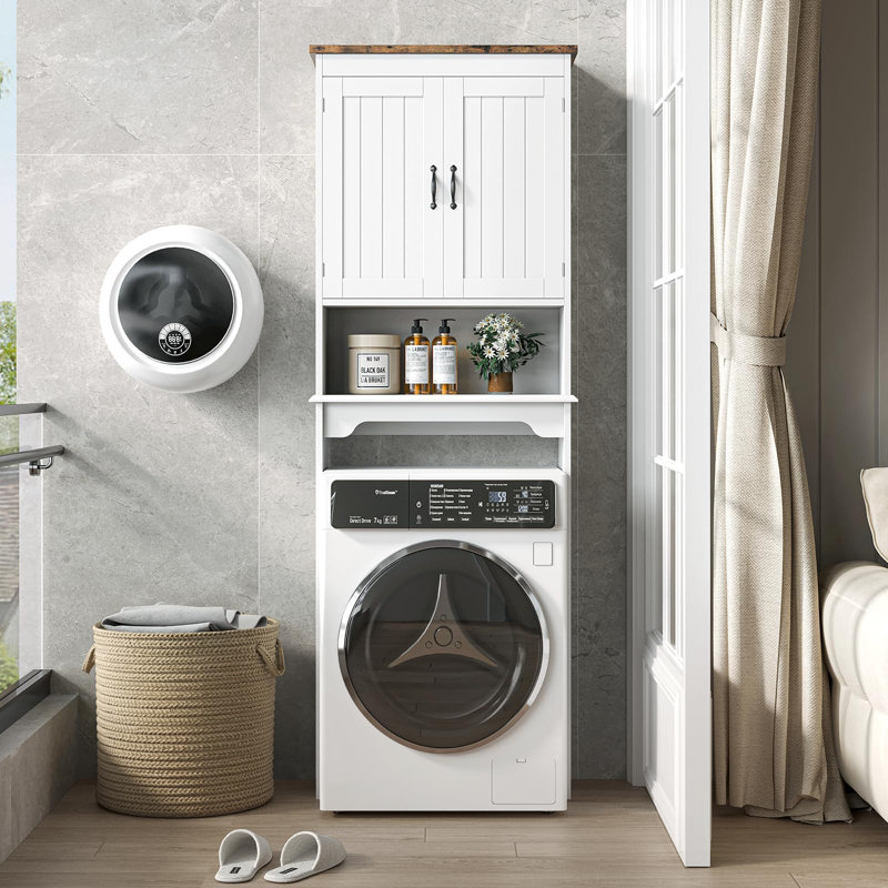 Armoire de rangement au-dessus de la toilette, portes doubles H 66 po avec tablettes réglables, compartiment ouvert, blanc