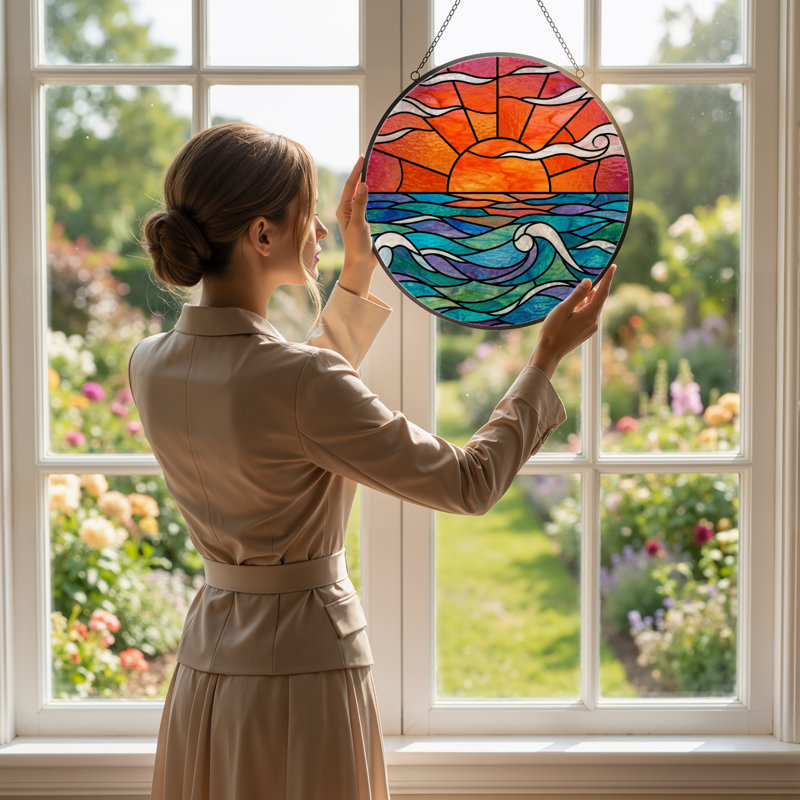 Panneau de vitrail 12 "H Sunset Waves, 12" H x 12" W