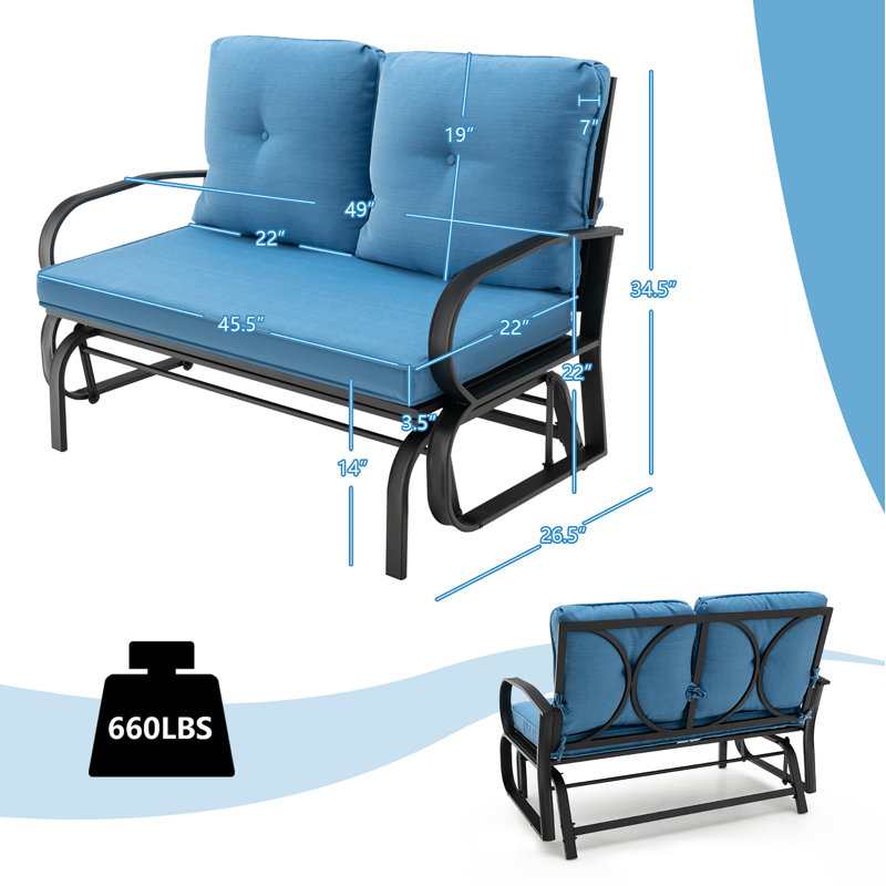 Banc d'extérieur en métal avec coussins Aleyha, Bleu