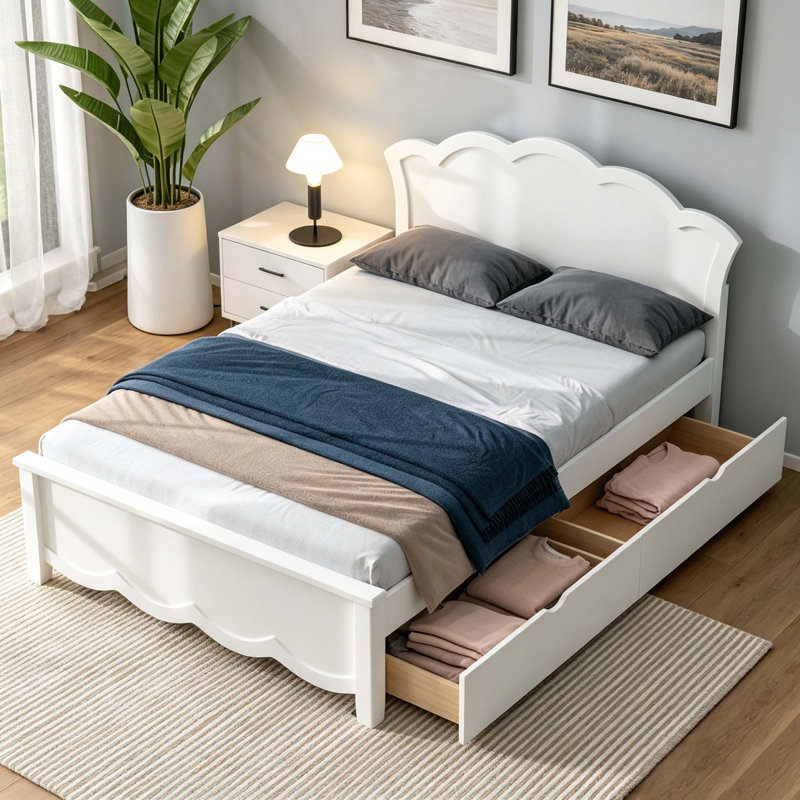 Twin Size Wood Platform Bed with Scalloped Headboard & 2 Underbed Storage Drawers, White Solid Wood Bed Frame, No Box Spring Needed, 400lbs Capacity for Kids/Adults