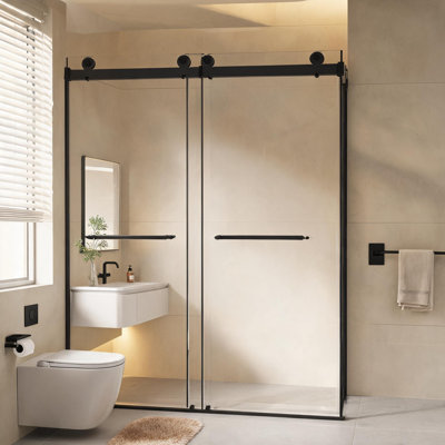 Porte de douche coulissante double sans cadre, noir mat, de 112 à 122 cm, avec verre trempé de 8 mm et poignée en acier inoxydable.