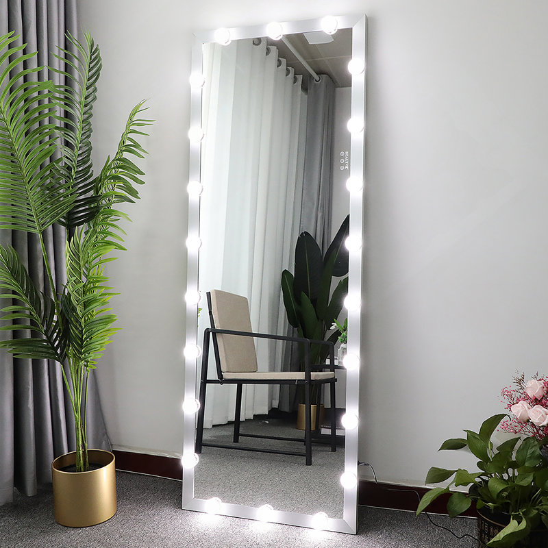 Wall Standing Bedroom Hotel Full Length Mirror With LED Bulbs Touch Control Full Body Dressing Hollywood Vanity Mirror With 3 Color Lights