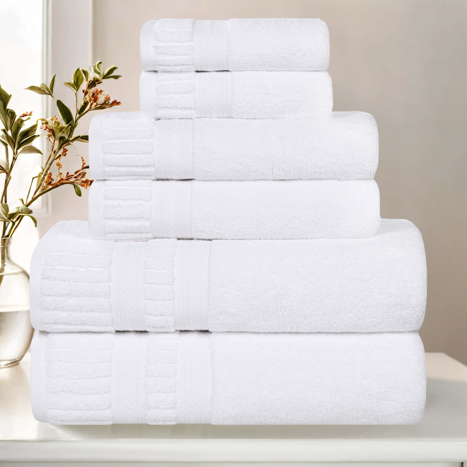 Zero-Twist Cotton Towel Set, 6 Piece Towel Set, White