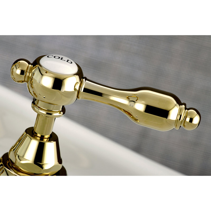 Kingston Brass Tudor Two-Handle 3-Hole Deck Mount Bridge Bathroom Faucet with Brass Pop-Up, Polished Brass