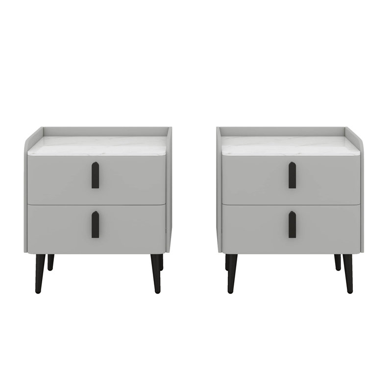 Ensemble de 2 tables de chevet, table de chevet avec rangement à 2 tiroirs et plateau de table en marbre, table d'appoint moderne, table de bout