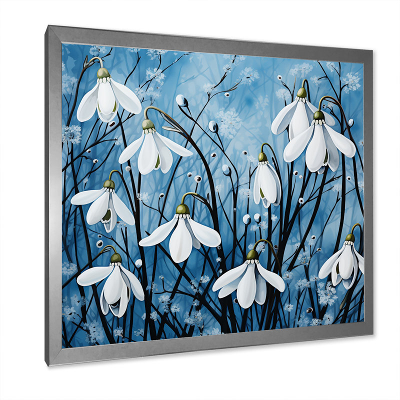 Minimalisme bleu et blanc fleur de neige encadrée sur toile, H 30 po x l 30 po x P 1 po, Cadre simple argenté