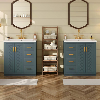 Ensemble de meuble-lavabo 60 po avec lavabo en céramique, armoire de rangement en bois massif, ensemble de meuble-lavabo autoportant avec 3 tiroirs et portes à fermeture douce