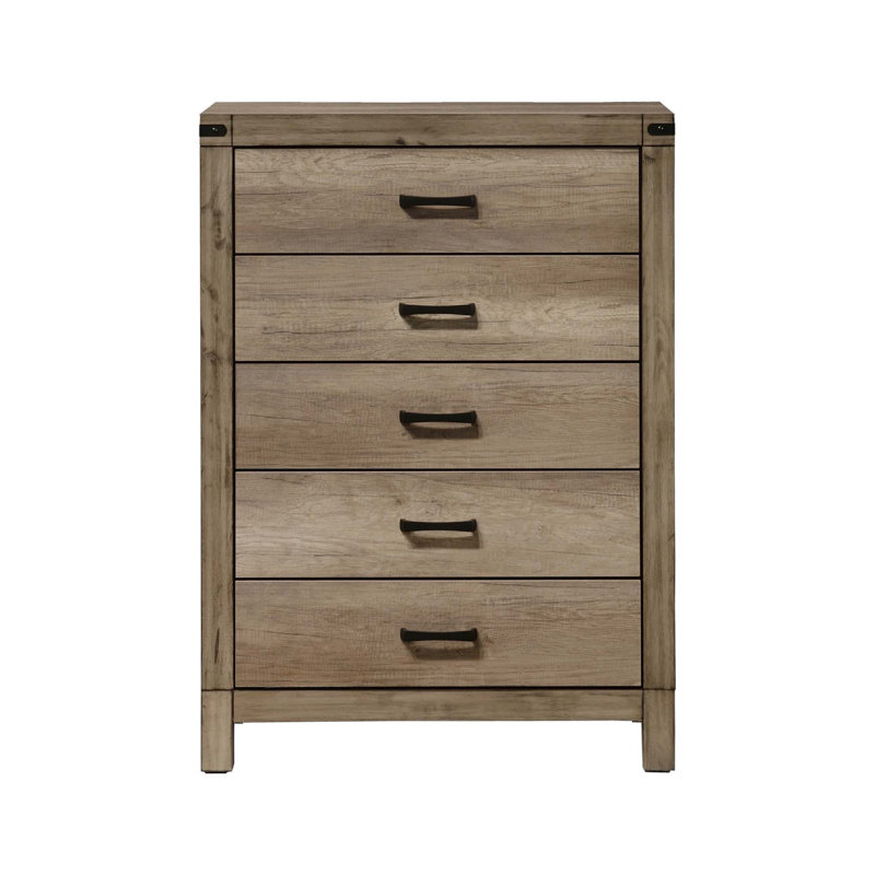 Commode contemporaine à cinq tiroirs avec fabrication en bois massif et finition en mélamine brun rustique, parfaite pour le rangement et l'organisation de la chambre à coucher.