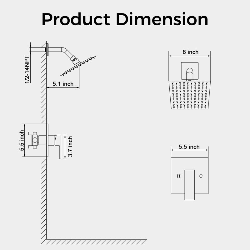 HGN 8 Inches Wall Mounted Rainfal Bathroom Rain Shower Faucet, Brushed Gold