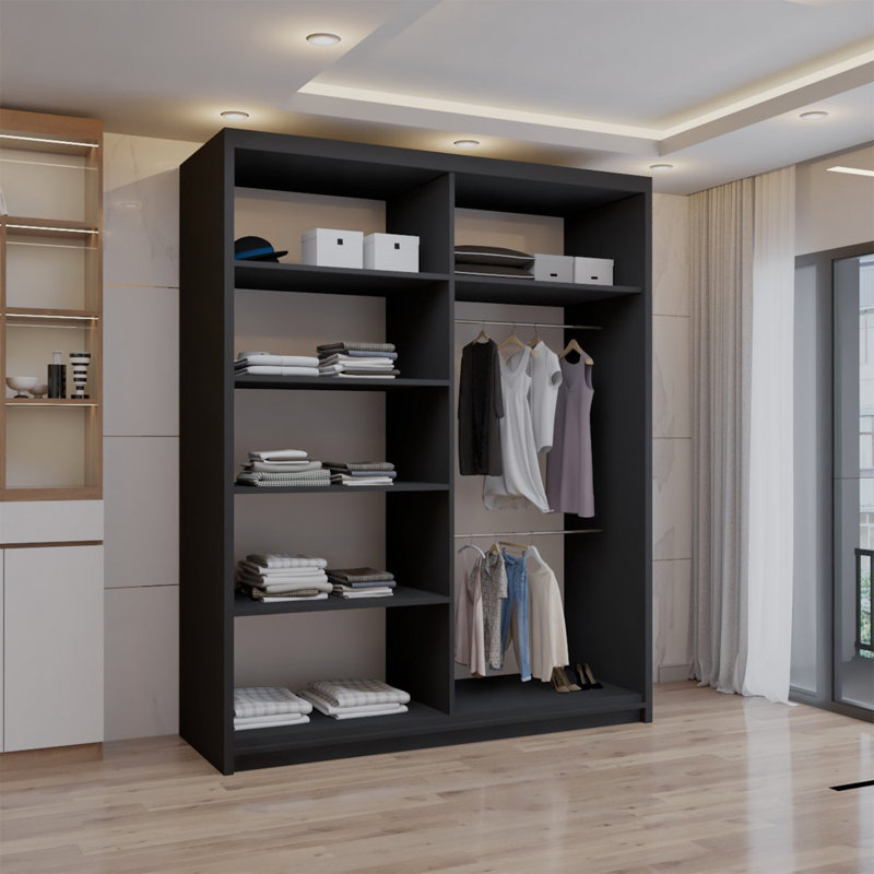 Ashawni 2 Door Laminate Wardrobe, Matte Black, 217cm H x 180cm W x 62cm D