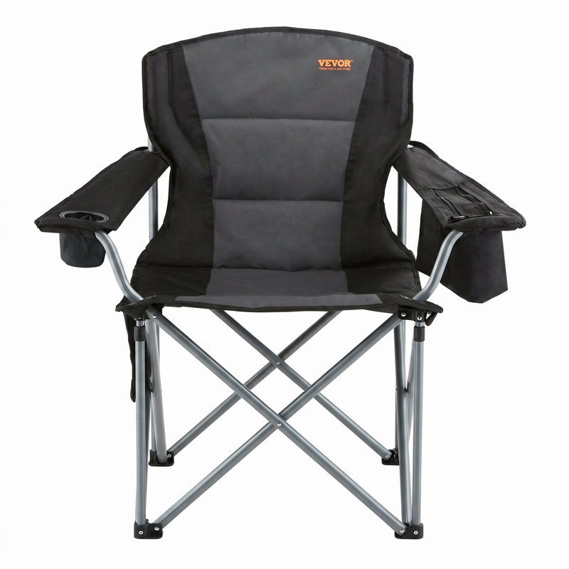 Chaise de camping pliante robuste pour adultes, chaise quadruple rembourrée à dossier lombaire portable avec porte-gobelet, sac isotherme, poches latérales
