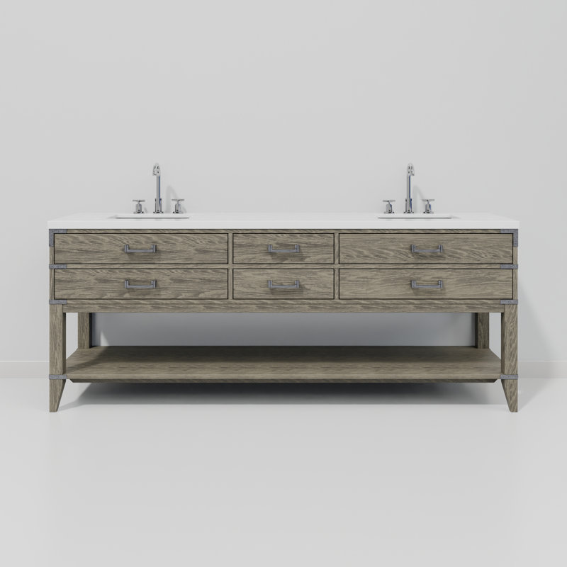 84" Double Bathroom Vanity Set, Gray Oak, White Cultured Marble