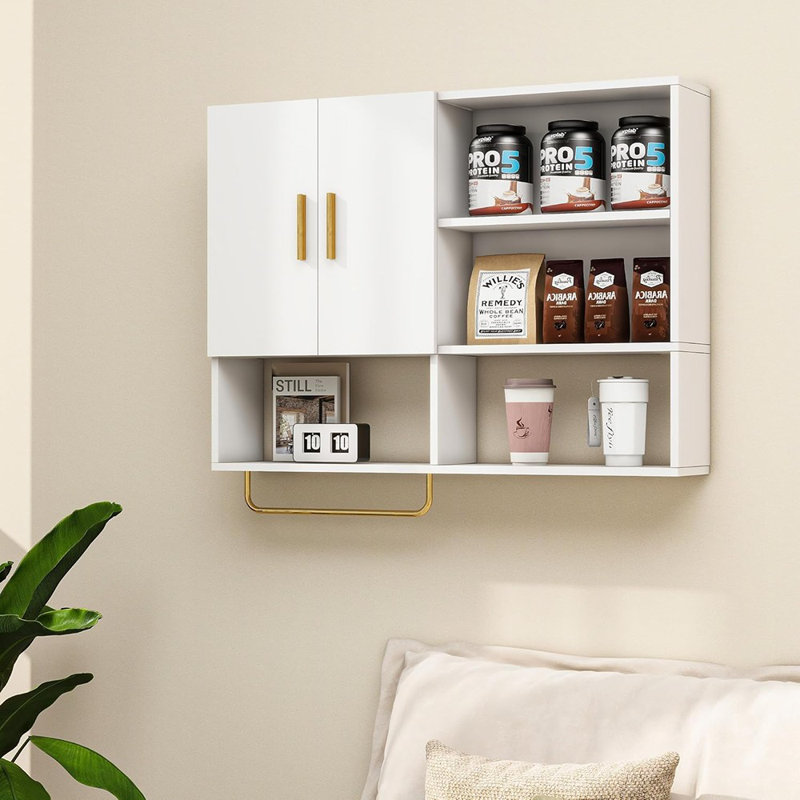Armoire de salle de bain murale - blanc - bois, grande armoire à pharmacie murale, 2 portes, 4 tablettes ouvertes, rangement au-dessus de la toilette, barre à serviettes, organisateur de salle de bain