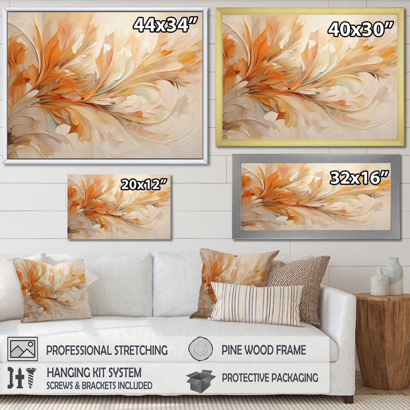 Feuilles tourbillonnantes beige et jaune I - impression, Cadre simple noir, H 16 po x l 32 po x P 1 po