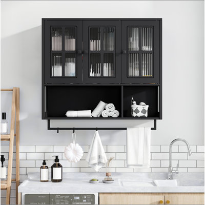 Armoire murale de salle de bain, armoire murale en bois à 3 portes avec espace de rangement ouvert et caché, armoire à pharmacie avec porte en verre et barre à serviettes pour le vestibule