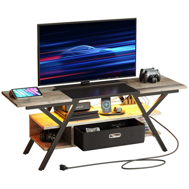 Brisna 55" TV Stand, Modern Entertainment Center with Power Outlets LED and Drawer, Gray Wash/Black