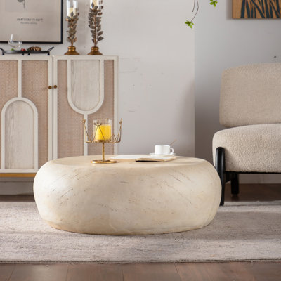 Table basse ronde de style Mid-Century moderne, table basse vintage en fausse pierre MgO, table de salon beige pour canapé, aucun assemblage requis