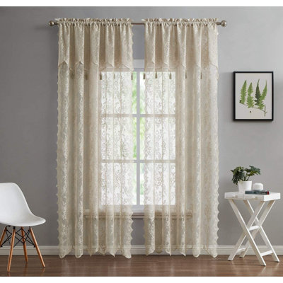 Rosdorf Park Pair Of 2 Sheer Lace Curtain Panels with Attached Matching Valance With 6 Tassels.