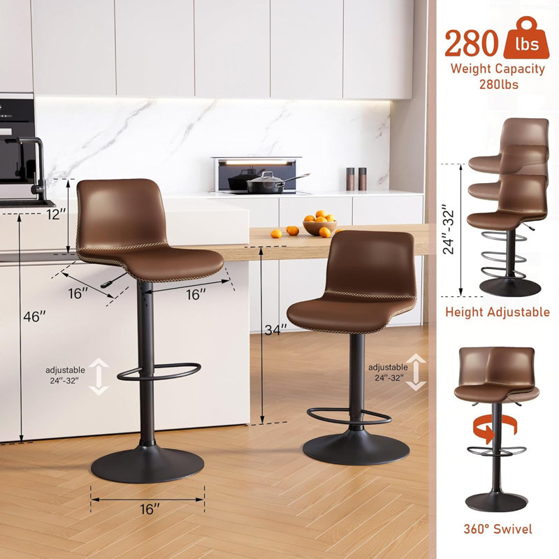 Tabouret de bar rotatif à hauteur réglable avec structure en métal, Brun, 3