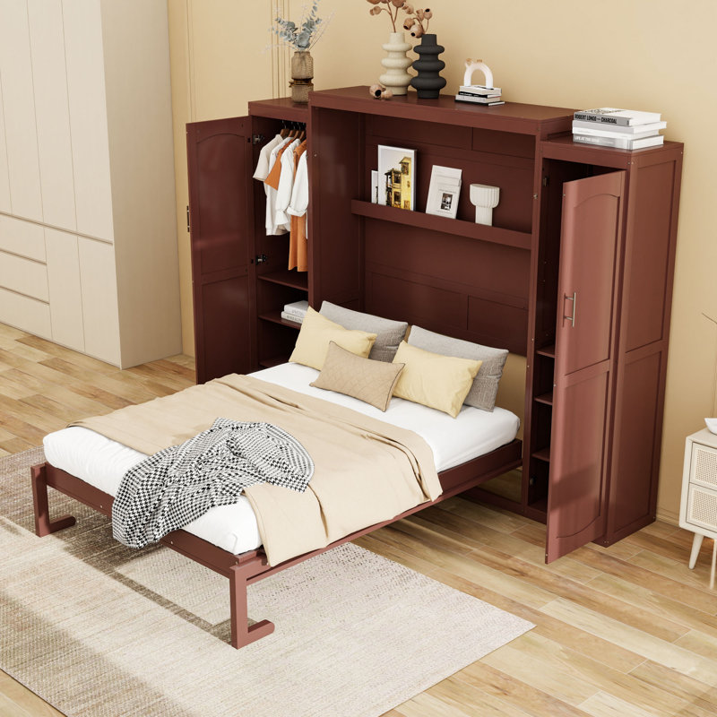 Lit escamotable en bois avec placards et rangement, Noyer, Complète