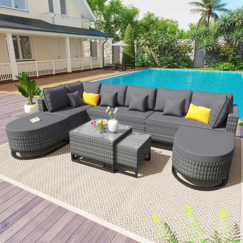 Ensemble modulaire d'extérieur 7 pièces avec 2 tables basses, Gris