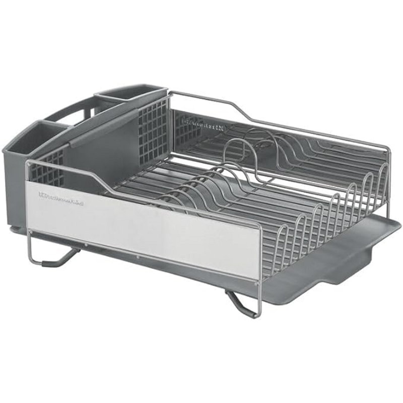 Large Capacity Full Size Rust Resistant Dish Rack With Angled Drain Board And Removable Flatware Caddy, Light Grey