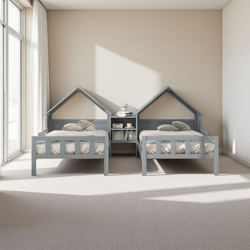 Lit plateforme simple double avec tête de lit en forme de maison, Gris