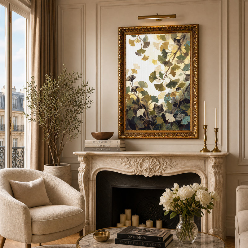 «Ginkgo Leaves», aquarelle, tons de terre, art mural sur toile, H 24 po x l 16 po