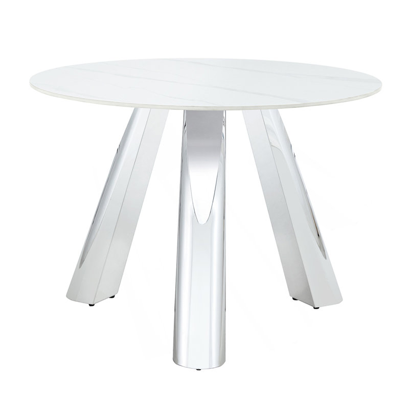 A 42-Inch Stainless Steel Leg Round Table With A Marble Top Is Suitable For Use By Four Or Six People, White Marble, Silver