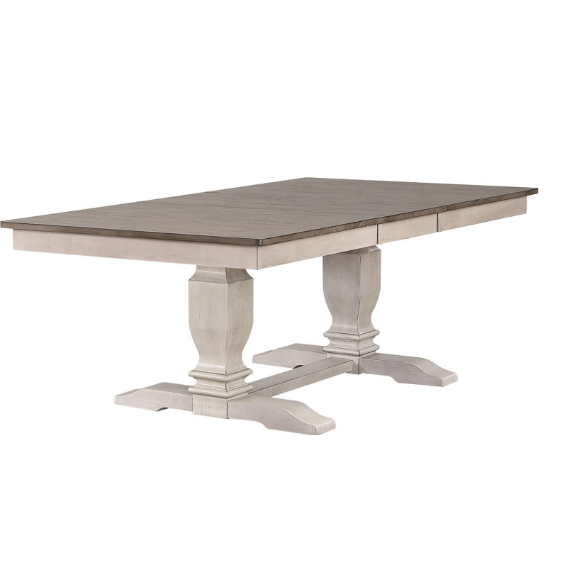  Clellie Solid Wood Rectangle Double Pedestal Dining Table in White and Grey With Gear Driven 18" Takeout Leaf (seats 4-6 people)